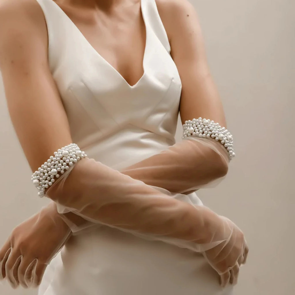 1 Pair Wedding Bride Gloves Pearls Beaded Elbow Covers Arms Sleeves Long Elegant Women Bachelorette Party Accessories  VPM09