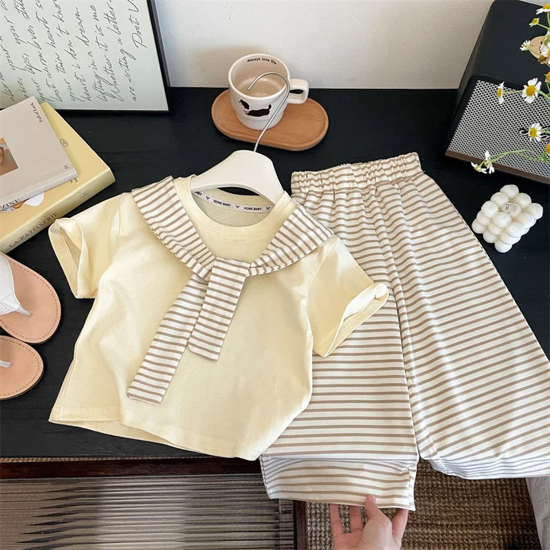 Summer Girls Sets Children Short-sleeved Suit Kids T-shirt With Stripes Shawls+Wide-leg Pants 2Pcs Outfits Teen Casual Clothes