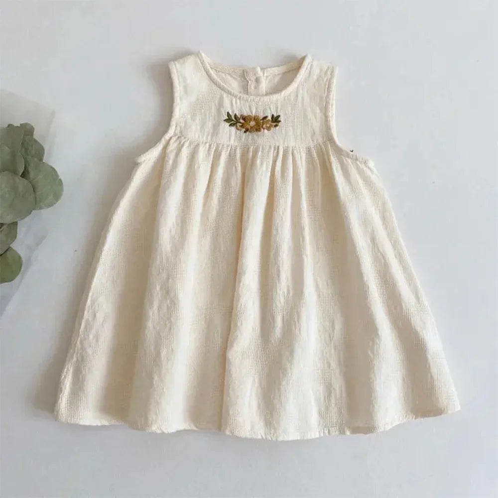 Bear Leader Korean Version Plain Color Girls Casual Dresses Summer Flower Embroidered Sleeveless Vest Dress Children's Clothing