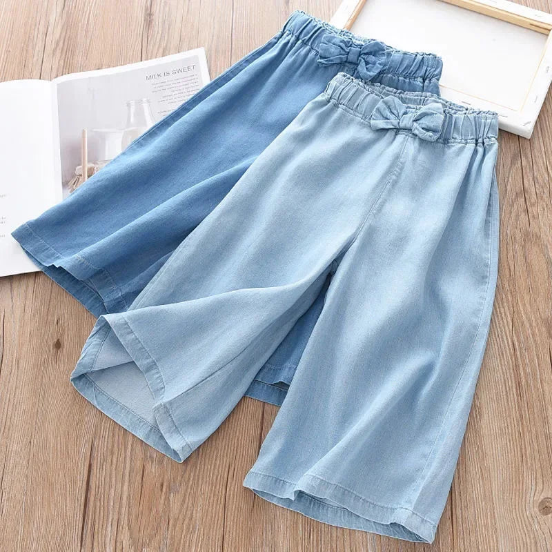 New Fashion Children Wide Leg Pants Summer Casual Thin Chiffon Cropped Trousers For Teenager Girls Clothes 2 4 6 8 10 Years