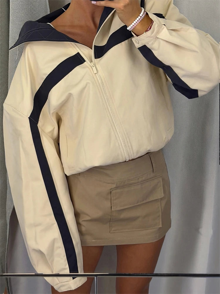 Women Color Block Jacket Casual Half Zip Collar Navy Striped Oversize Long Sleeve Sport Jackets Autumn Chic Street Wear New 2026