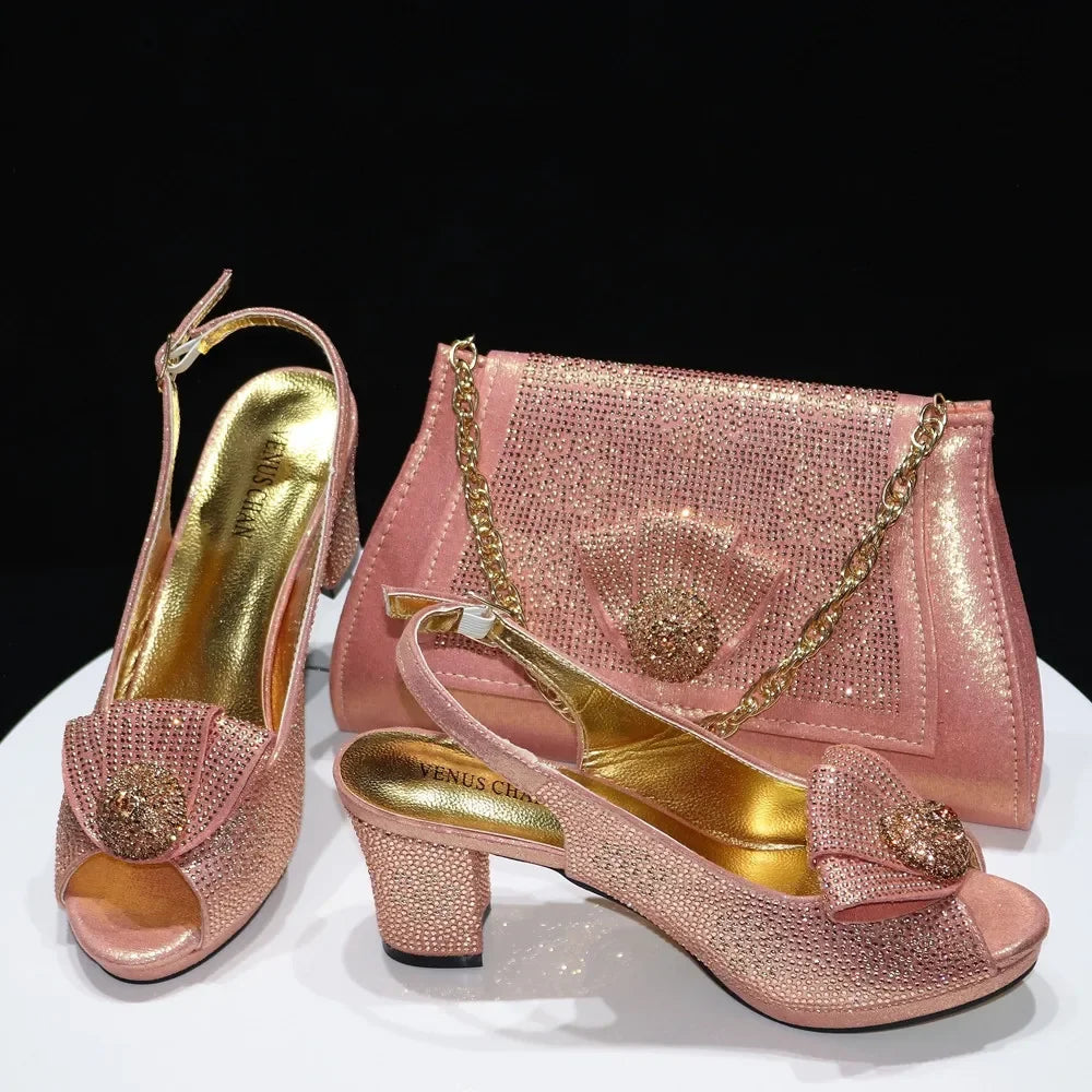 Venus Chan 2024 Italian Shoes And Bag Sets For Evening Party With Stones Italian Satin cloth  Rhinestone bow Handbags Match Bags