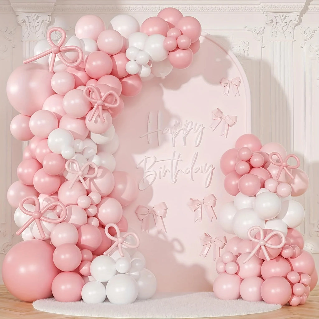 Coquette Birthday Decorations, 152pcs Pink And White Balloon Garland Arch Kit Include Light Pink White Bow Balloons Different Size for Bridal Shower Gender Reavel Wedding Engagement Party Decorations