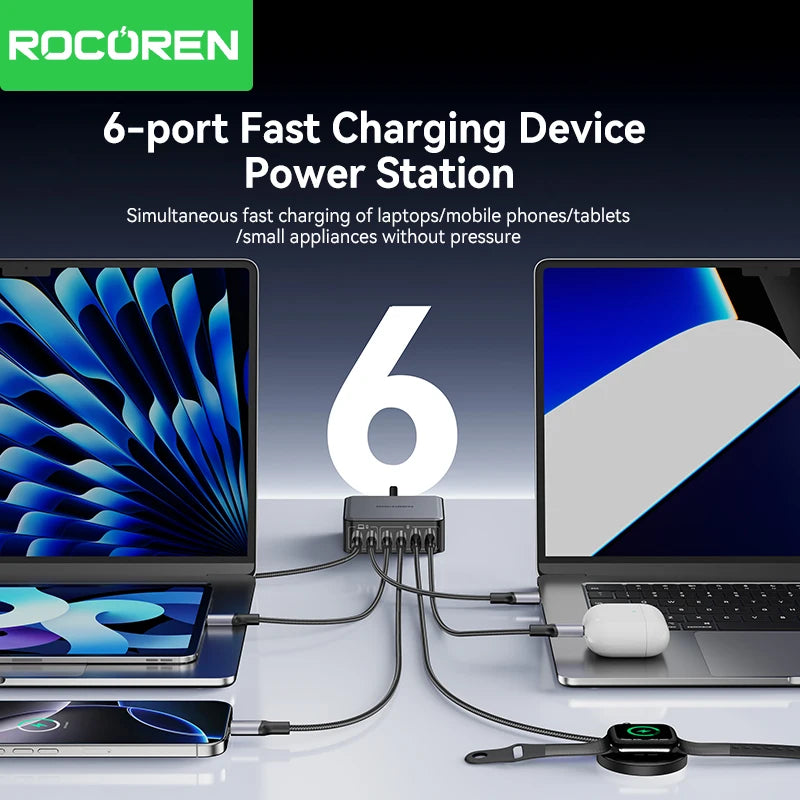 Rocoren 200W GaN Charger PD Fast Charging USB Type C Charger 270W 6 in 1 USBC Power Station For iPhone 16 15 Pro Max Xiaomi 14
