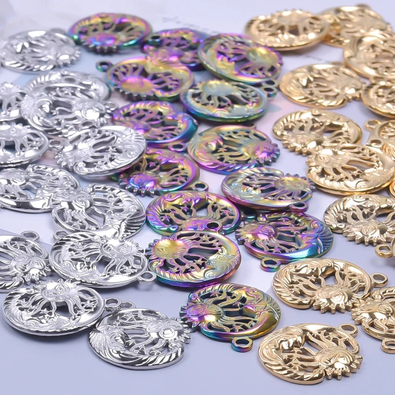 10pcs/lot Stainless Steel Crescent Moon Sun Pendants Moon Girl Friendship Mushroom Forest Charms Jewelry Making Findings No Fade