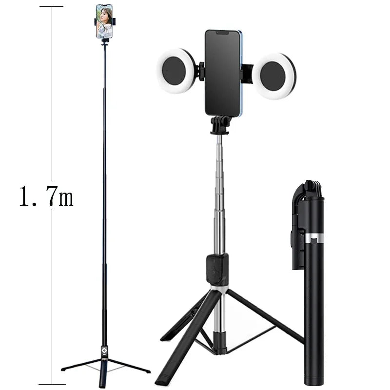 1.7m Extendable Live Tripod Selfie Stick Support LED Ring Dual Light Mirror Stand 4 in 1 Phone Mount for iPhone X 8 11 Android