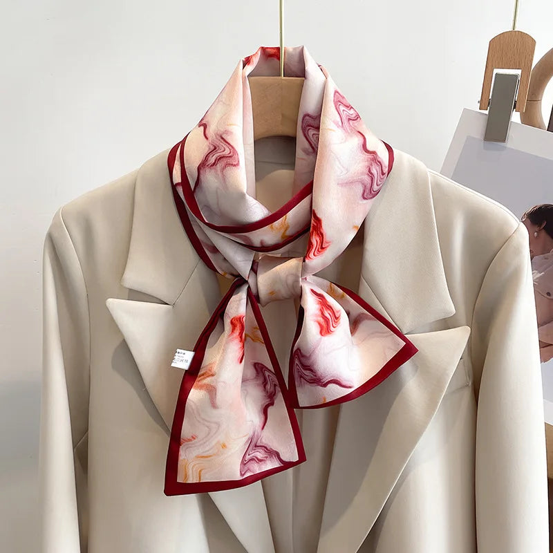 Floral Print 12*145cm Long Ribbon Silk Scarf Women Neck Scarves Headband Female Skinny Neckerchief Hair Band Neck Tie Bag Ribbon