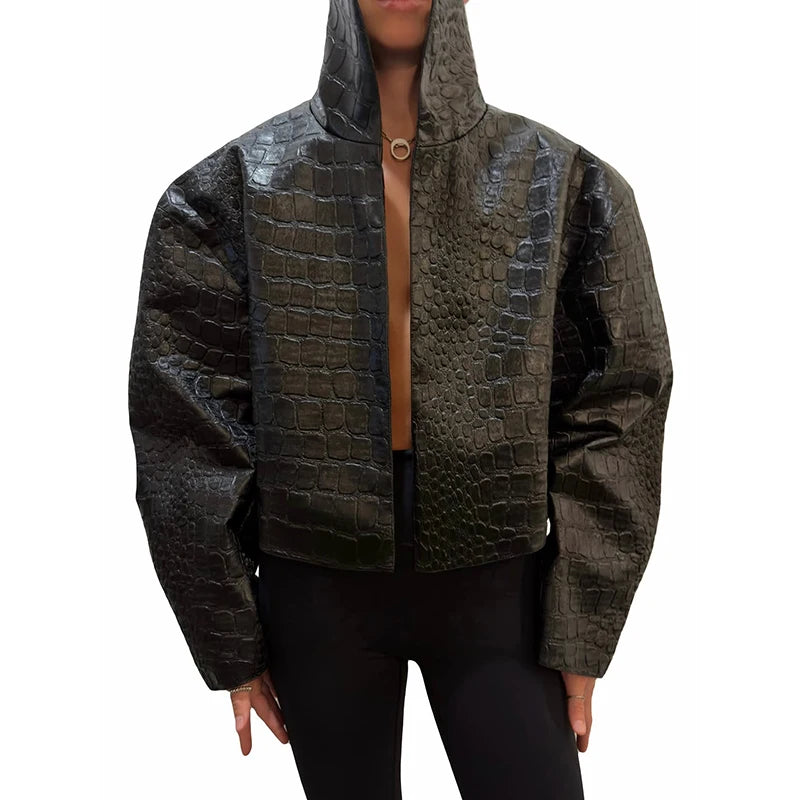 Street Grain Leather Jackets Women High Neck Long Sleeves Loose Pu Coats Female 2026 Autumn New Chic Fashion Solid Chic Outwears