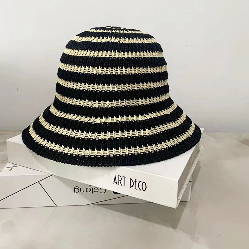 Striped Hollow Women Bucket Hat Spring Summer Outdoor Sunscreen Weave Breathable Fisherman Cap Fahsion Versatile Travel Panama