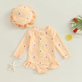 Infant Baby Girls Swimsuit with Hat Toddler Long Sleeve Flower Print Zipped Swimwear Bikini Children Swimwear Kids Bathing Suit