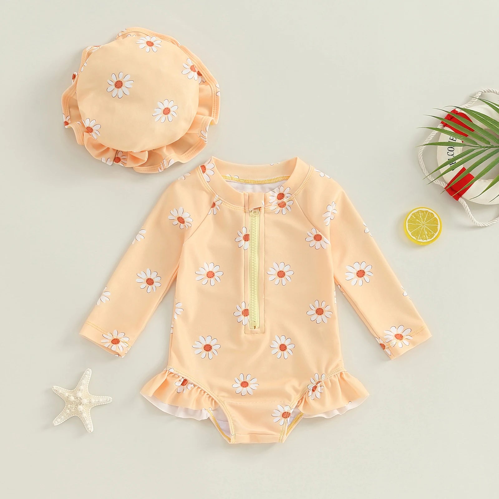 Infant Baby Girls Swimsuit with Hat Toddler Long Sleeve Flower Print Zipped Swimwear Bikini Children Swimwear Kids Bathing Suit
