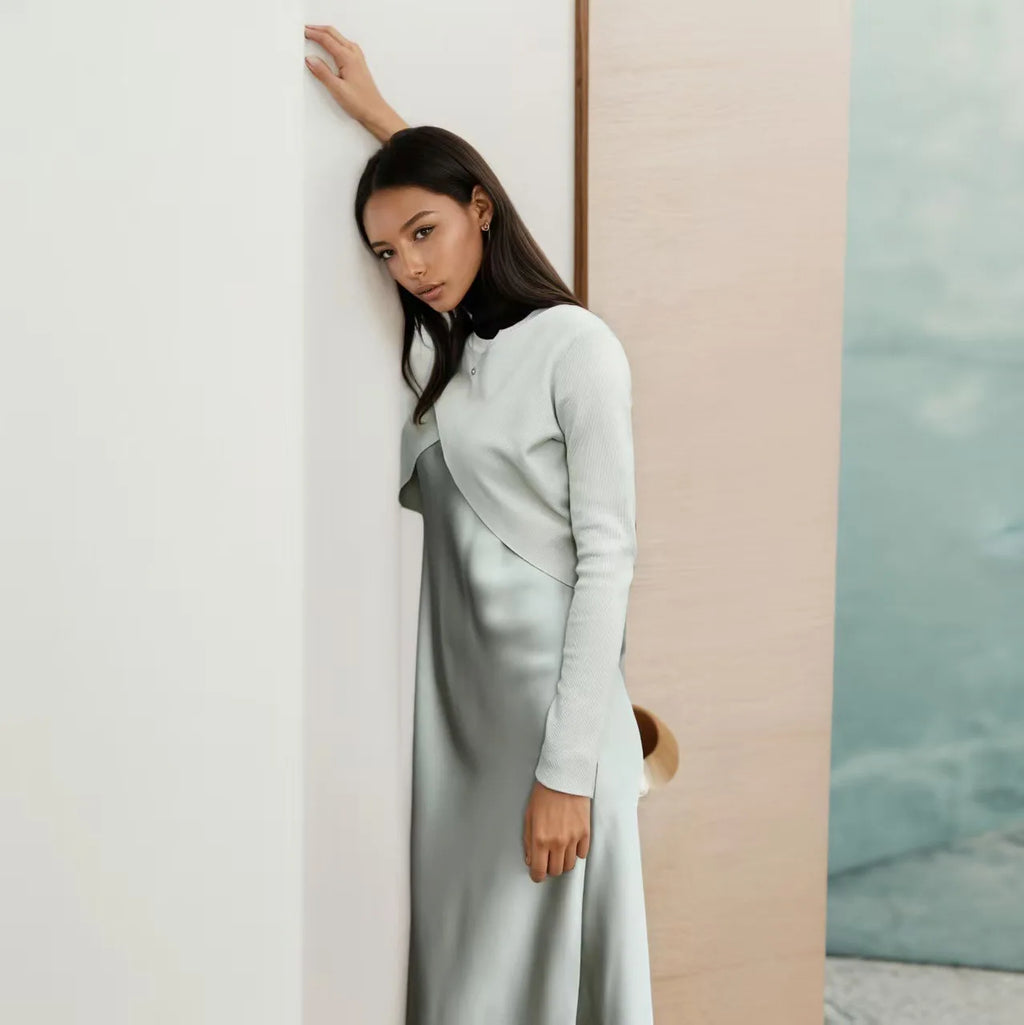 Summer Women Fashion Long Dress Elegance Soft Silk Satin Vest Dress Knitted Top Match Set Maxi Length Woman Chic Dress Set