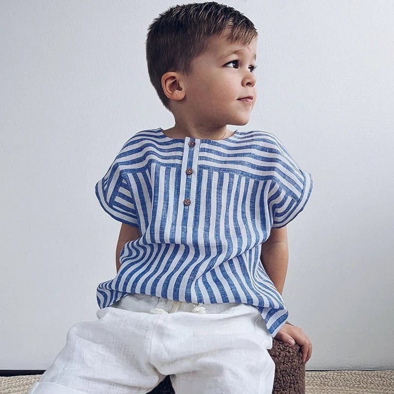 Boys Cotton And Linen Striped Casual T-Shirt 2026 Summer New Children's Round Neck Buttons Short-Sleeved Linen Tops TZ417