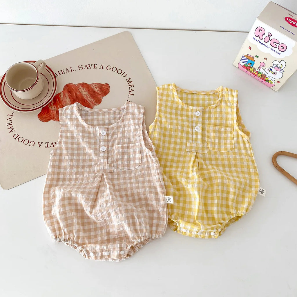 2024 Summer New in Kids Baby Girls Boys Cute Clothing Infant Toddler Plaid Sleeveless Cotton Jumpsuits Newborn Bodysuits 0-24M