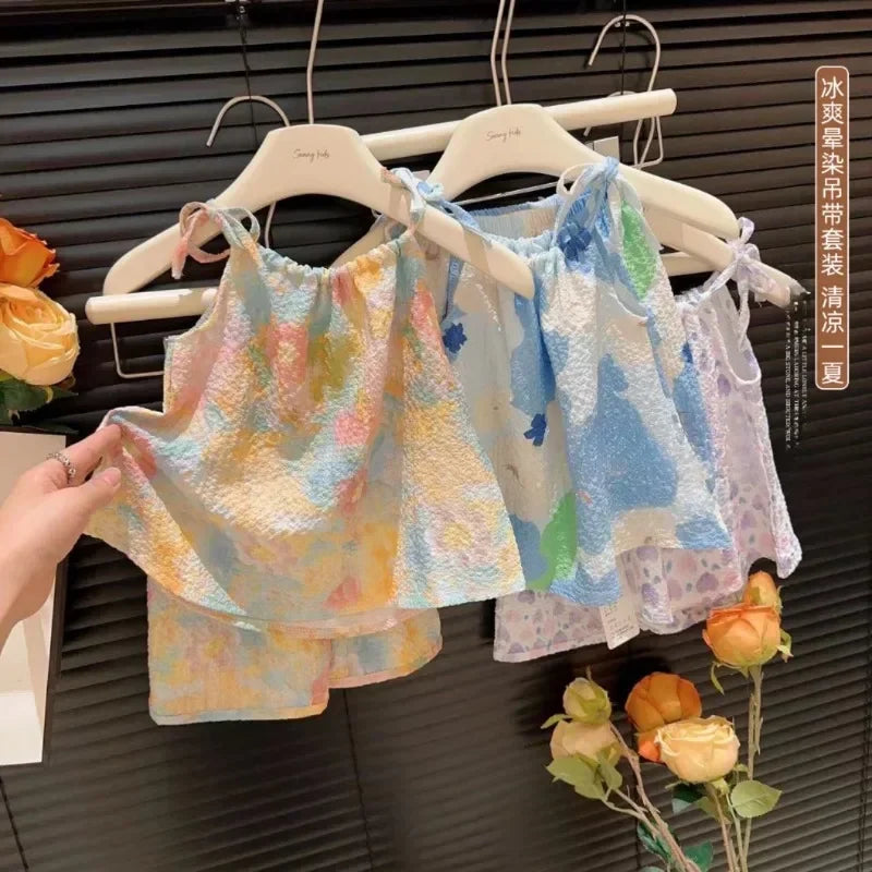 2pc set Kids Girl Clothing Fashion New Baby Girl Sling Set Summer Thin Loose Children Camisole + Shorts Suit Girls Outfits