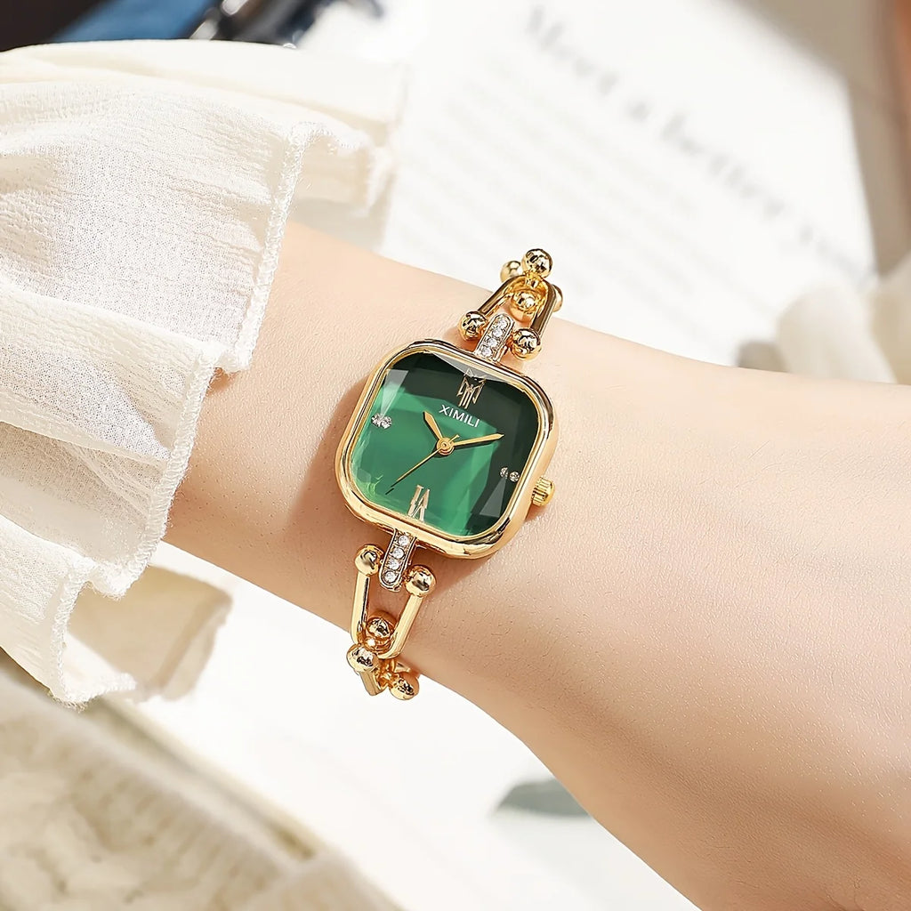 6pcs Elegant Square Women Quartz Watch Jewelry Set Fashion Ladies Wristwatches Rhinestone Necklace Ring Earring Accessories Gift