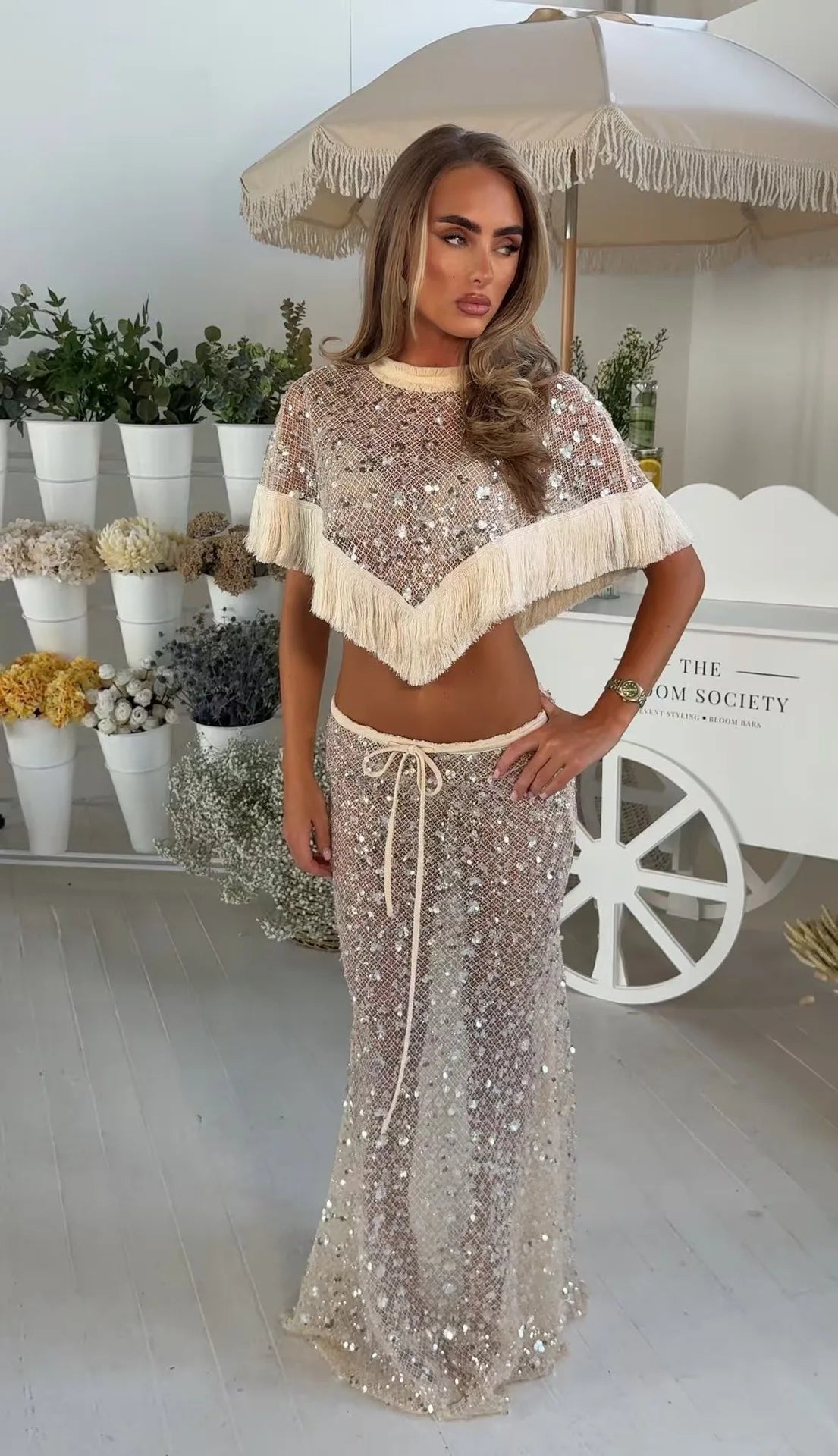 Women Sequin Mesh Tassel Fringe 2 Piece Outfit Short Sleeve Crop Top Drawstring Flare Pants Beach Cover Set Festival Outfit