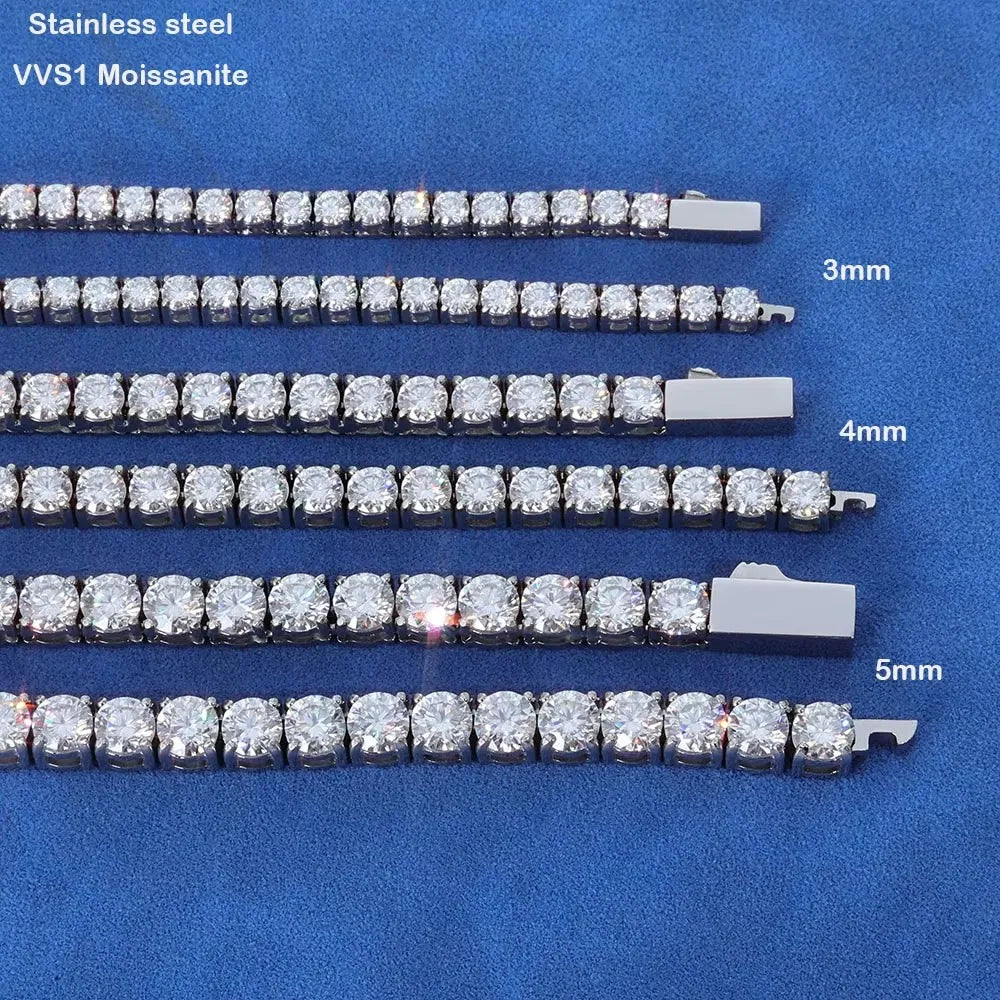 3/4/5mm Bling VVS1 Moissanite Tennis Chain Stainless Steel Bracelet Necklace For Men Women Pass Diamond Tester Hip Hop Jewelry
