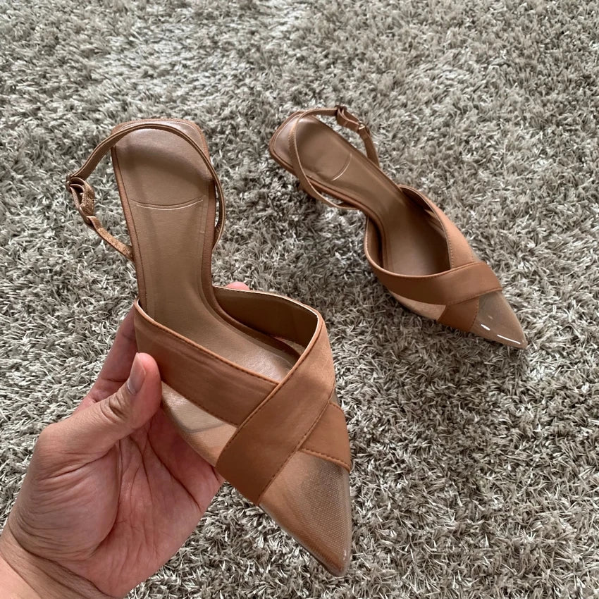 2025 Woman Brown High Heels Women Sandals Summer Fashion Pointed Toe Low-heel Pumps Slingbacks Elegant Female Heeled Shoes