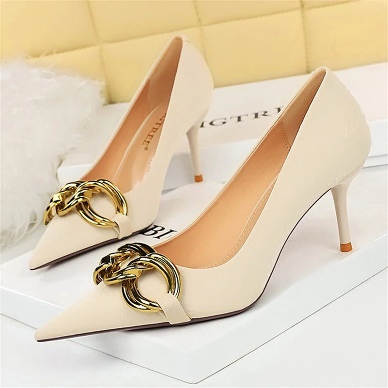 Women 7.5cm 9.5cm High Heels Escarpins Pumps Lady Metal Chain Low Heels Fetish Nightclub Slim Fit Party Green Office Prom Shoes