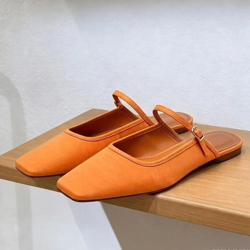 Summer Flat Sandals Woman 2026 New Square Toe Buckle Strap Breathable Satin Leisure Slingbacks Chic Mules Shoes for Ladies