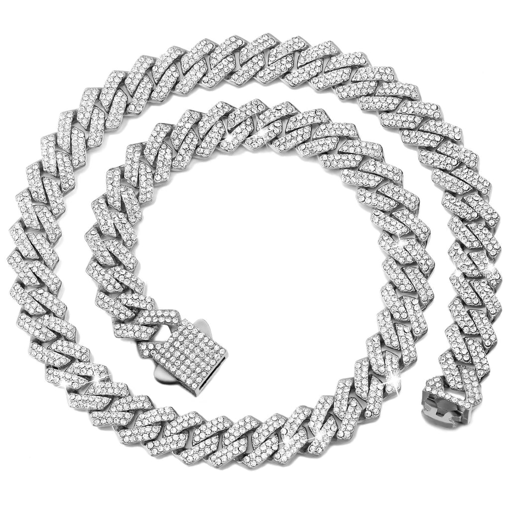Iced Out Cuban Link Chain 14MM Prong Rhombus Diamond Cuban Chain Hip Hop Choker Necklaces Women Men Jewelry Wholesale