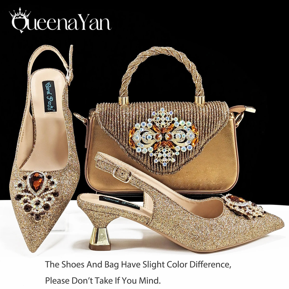 Hot Selling Elegant Noble Colorful Rhinestone Design White Color Party Wedding Pointed Toe High Heel Women Shoes and Bag Set