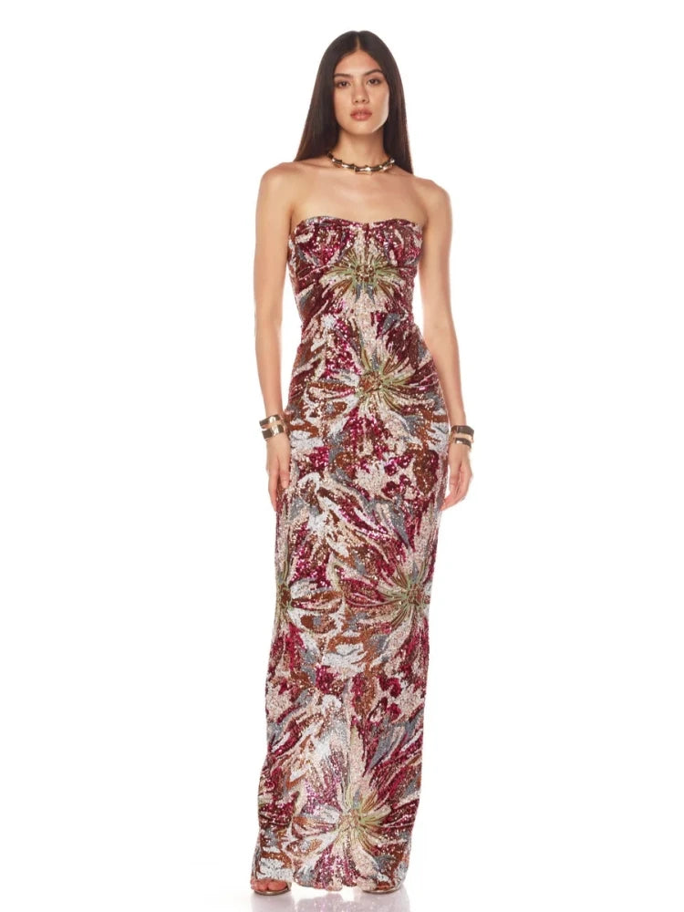 Sexy Strapless Multi Sequin Embroidery Long Dress Women Sleeveless Backless Luxury Sequined Slim Dresses Evening Party Gowns