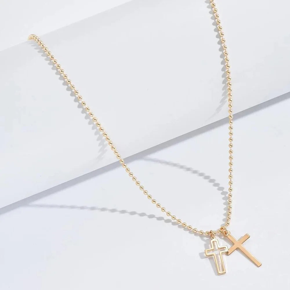 Stainless Steel Double Cross Pendants Necklace for Women Men Minimalist Gold Color Beaded Chain Choker Jewelry Gift