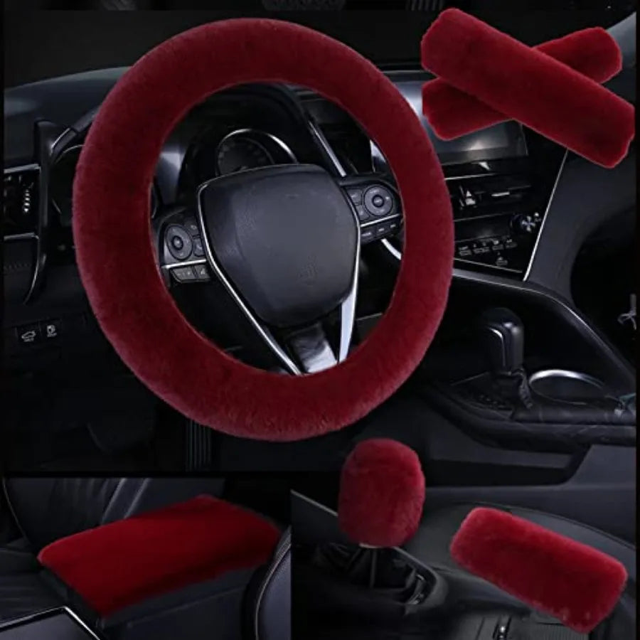 1 Set 6 Pcs Fluffy Car Steering Wheel Cover and Seat Belt Shoulder Pads and Handbrake Cover and Gear Shift Cover Set and Seat B