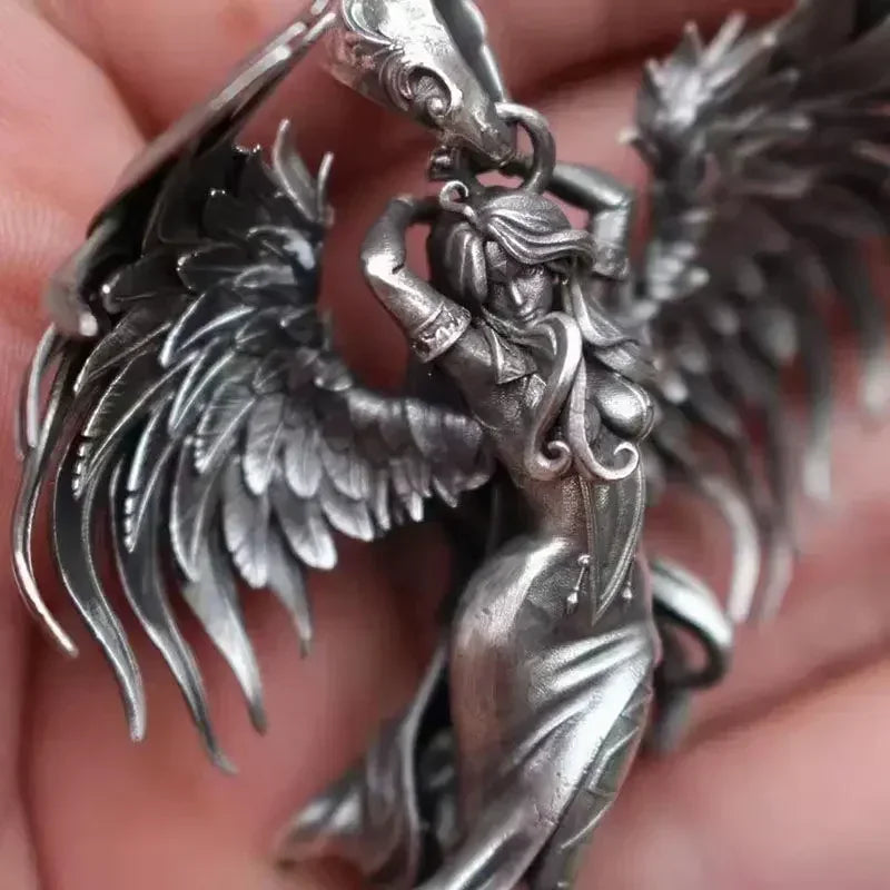 Vintage Silver Color Angel Wings Pendant Necklace Men Women Statement Punk Street Accessories Stainless Steel Chain Jewelry