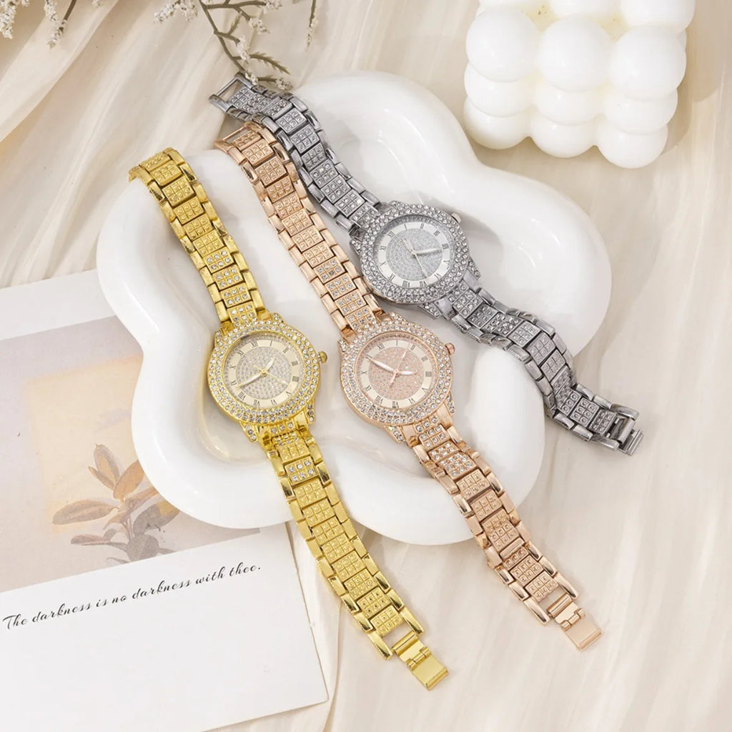 Women Rose Gold Diamond Watch 6Pcs Jewelry Set Necklace Earrings Bracelet Ring Luxury Gift For Her