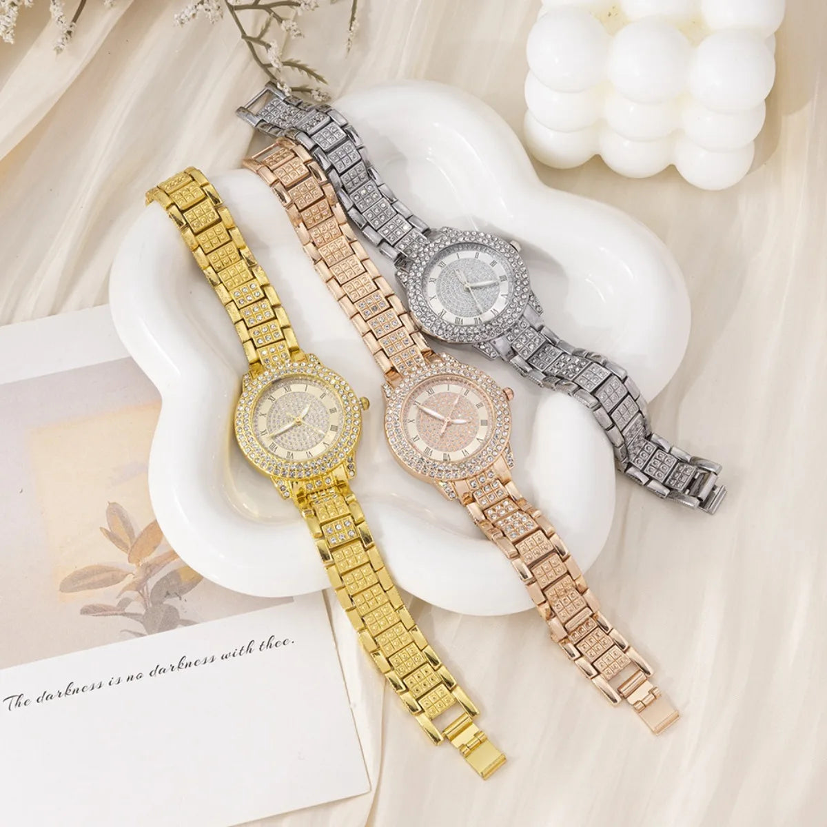 Women Rose Gold Diamond Watch 6Pcs Jewelry Set Necklace Earrings Bracelet Ring Luxury Gift For Her