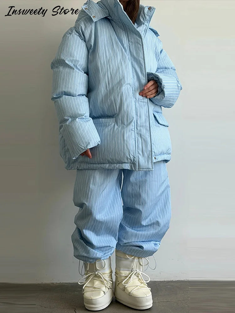 Chic Striped Hooded Puffer Coat Set Women Quilted Full Sleeve Zip Jacket Wide Leg Pants 2026 New Lady Autumn Winter Warm Outfit