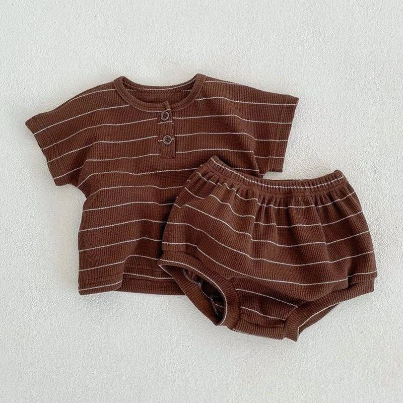 Children's Clothing 0-3 Year Old Summer New Striped Pure Cotton Boy T-Shirt Shorts Set Beach Vacation Girl Short Sleeved Set