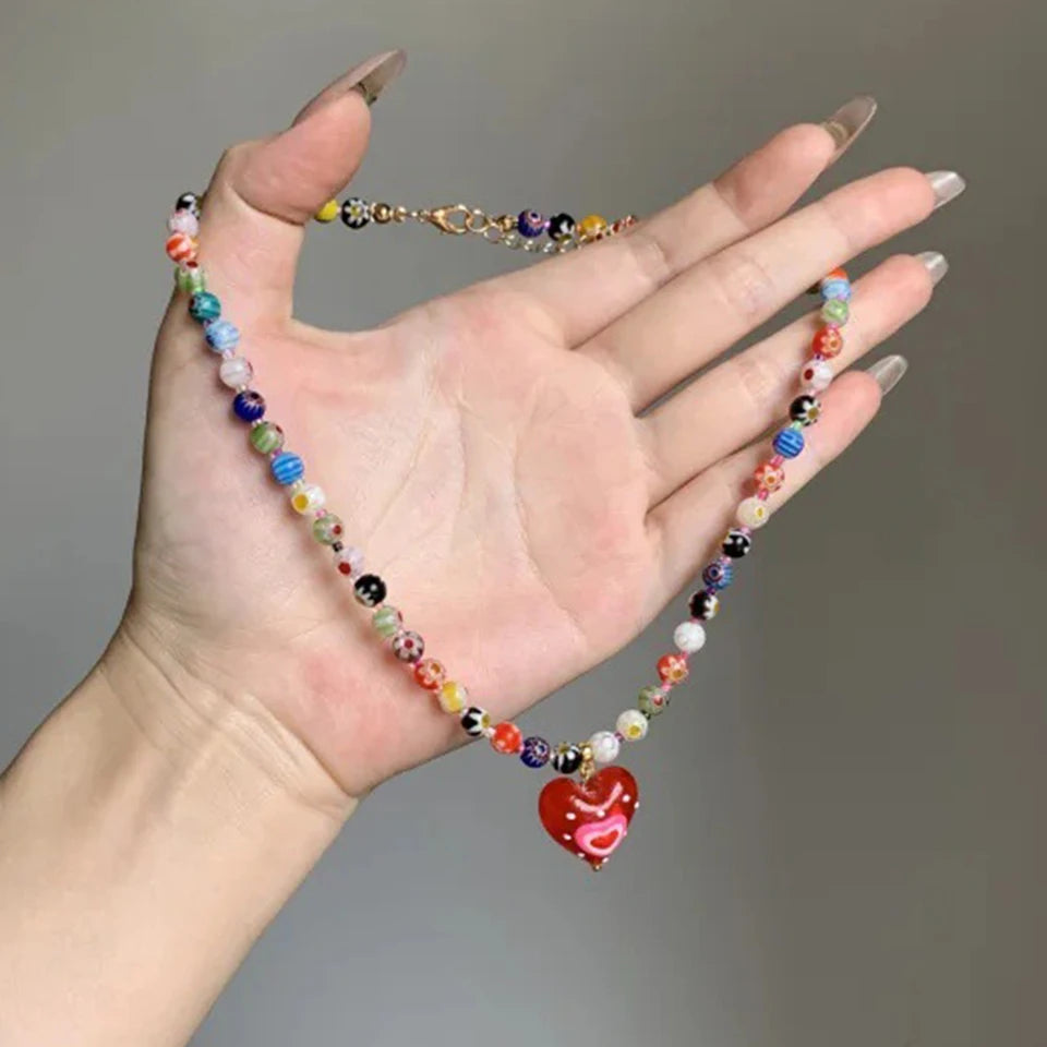 ZAKOL Dopamine Colorful Glass Bead Heart-shaped Pendant Necklaces for Women Sweet Collarbone Chains Necklace Trendy Accessories