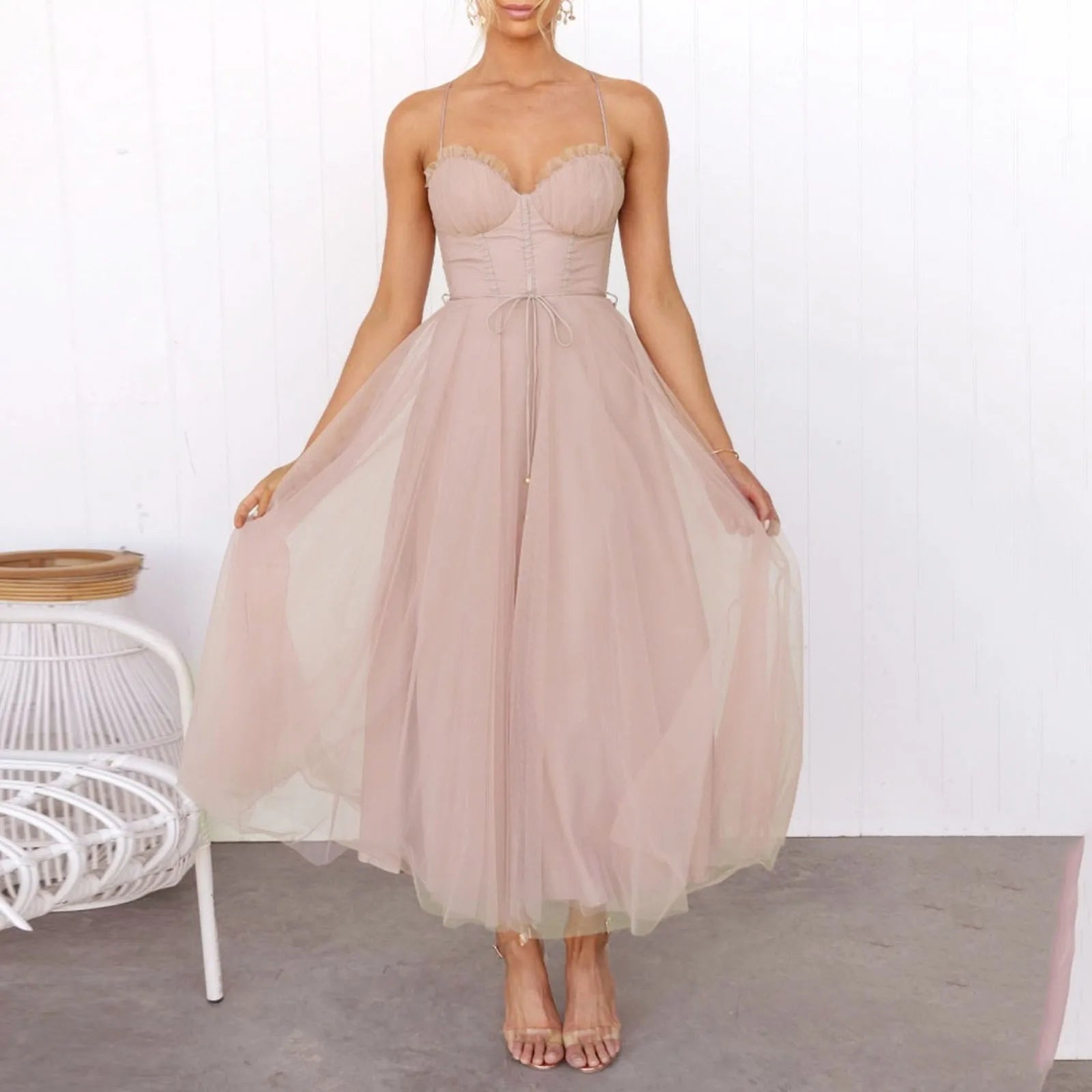 Elegant Midi Wrap A-Line Dress Women Spaghetti Strap 2025 High Waist Tulle Evening Dress Backless Sexy Party Dresses