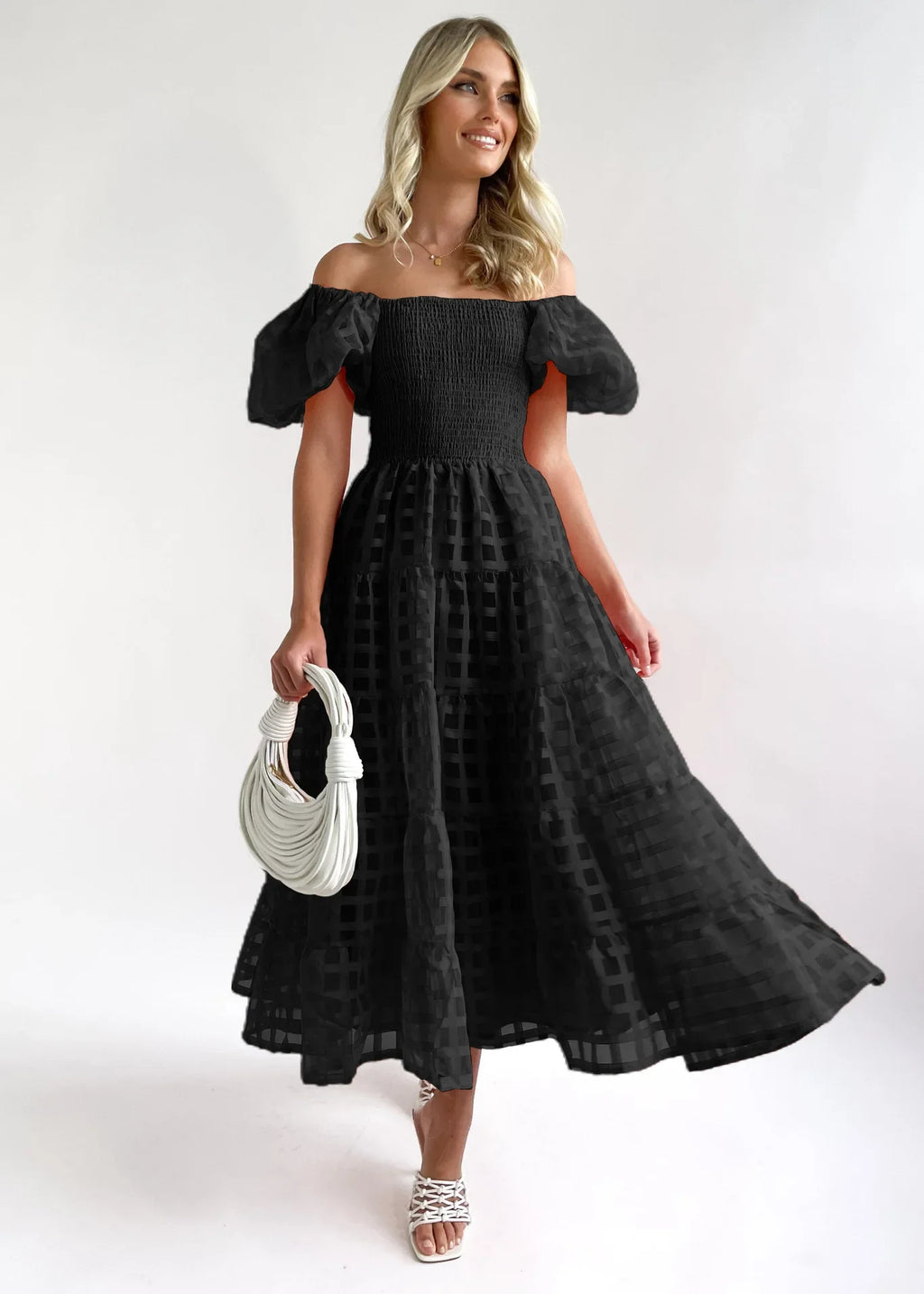Fashion Party Maxi Dresses Women Holiday 2023 New Solid plaid Pleated A-line Dress Summer Women SHort Puff Sleeve Dress Elegant