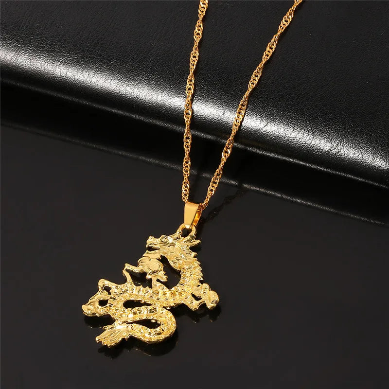 Chinese Style Gold Color Dragon Pendant for Men and Women, Charm Necklace, Creative, Luxury, Anniversary, Jewelry Accessories
