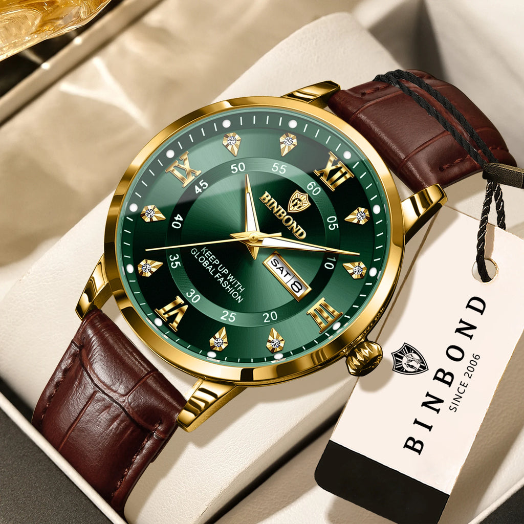 BINBOND quartz watches for men luxury sturdy luminous waterproof auto date week display accurate men's watch business reloj