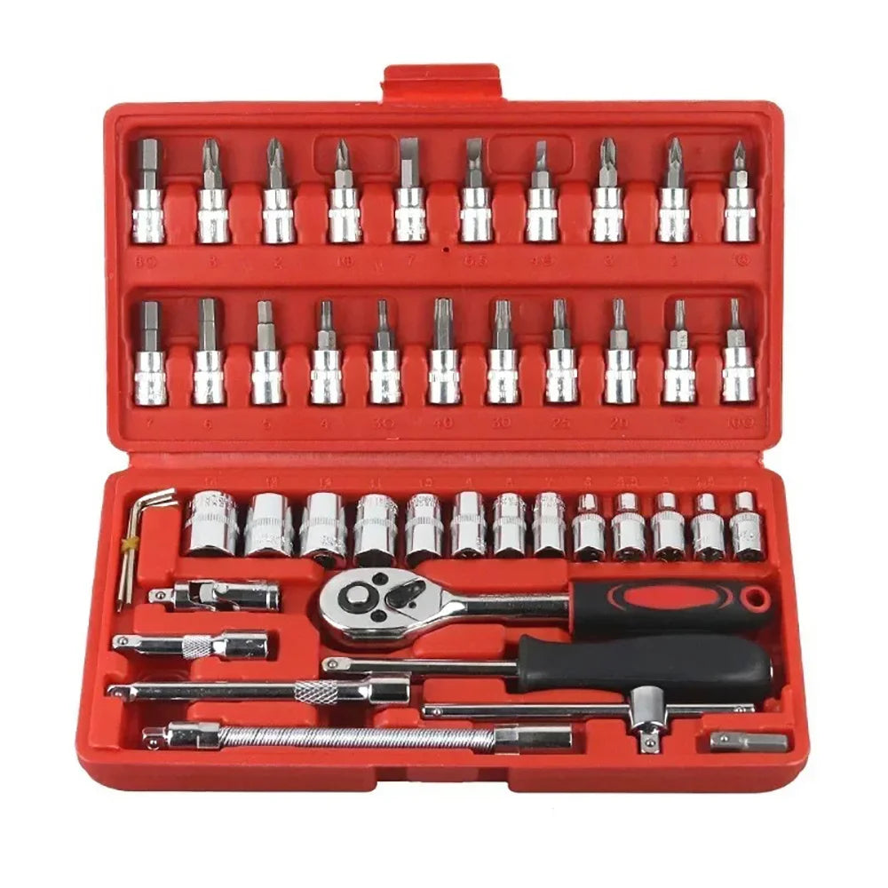 Motorcycle Toolbox Set Fast Ratchet Wrench 46PCS Socket Group Bit Industrial-grade Toolbox Auto Repair Tools Car Maintenance