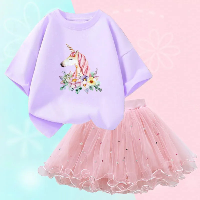 Fashion Summer Girls Outfits Pretty Ballet Dance Girl T-shirt and Tutu Skirt Set for Princess Clothes Suit Children Clothing