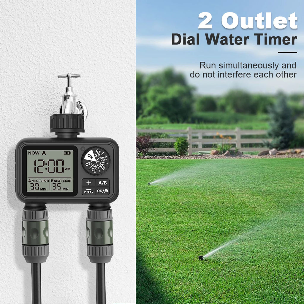 HCT-M06 Eshico 2-Zone Water Timer Automatic/Manual Sprinkler Digital Knob Set Quick Connector Smart Rain Delay Independent Water