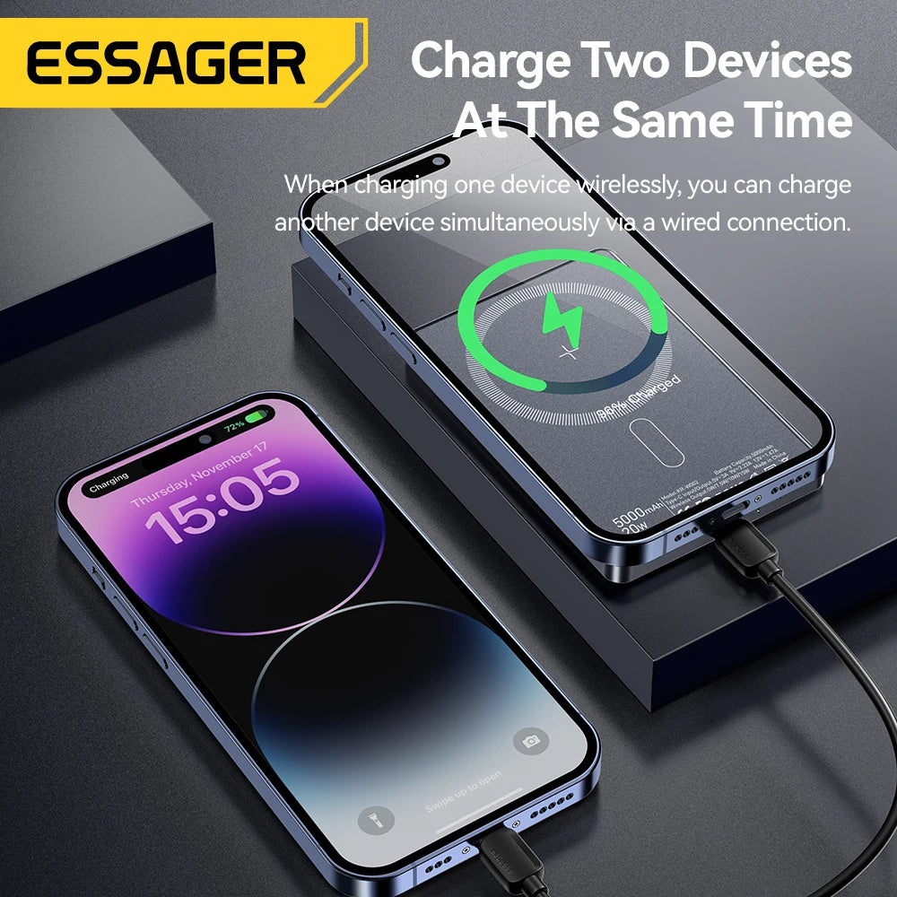 Essager Thin Wireless Power Bank 5000mAh 20W Fast Charging Portable External Battery Magnetic Magsafe Compatible for iPhone 1716
