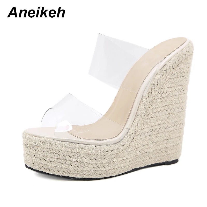 Aneikeh 2025 Summer Women Shoes Slippers Slides PVC Concise Platform Wedges Slip-On Party Round Toe Size 35-42 White