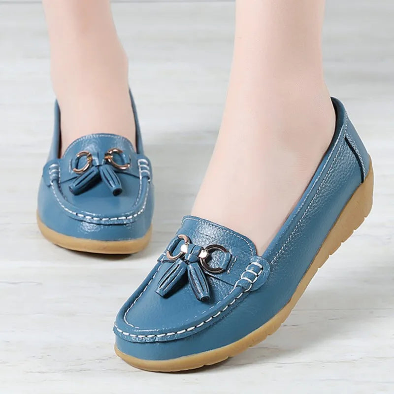 Genuine Leather Women Flats Fashion Casual Women Shoe Moccasins Shoes Woman Slip On Flat Shoes Black Ladies Shoes Plus Size