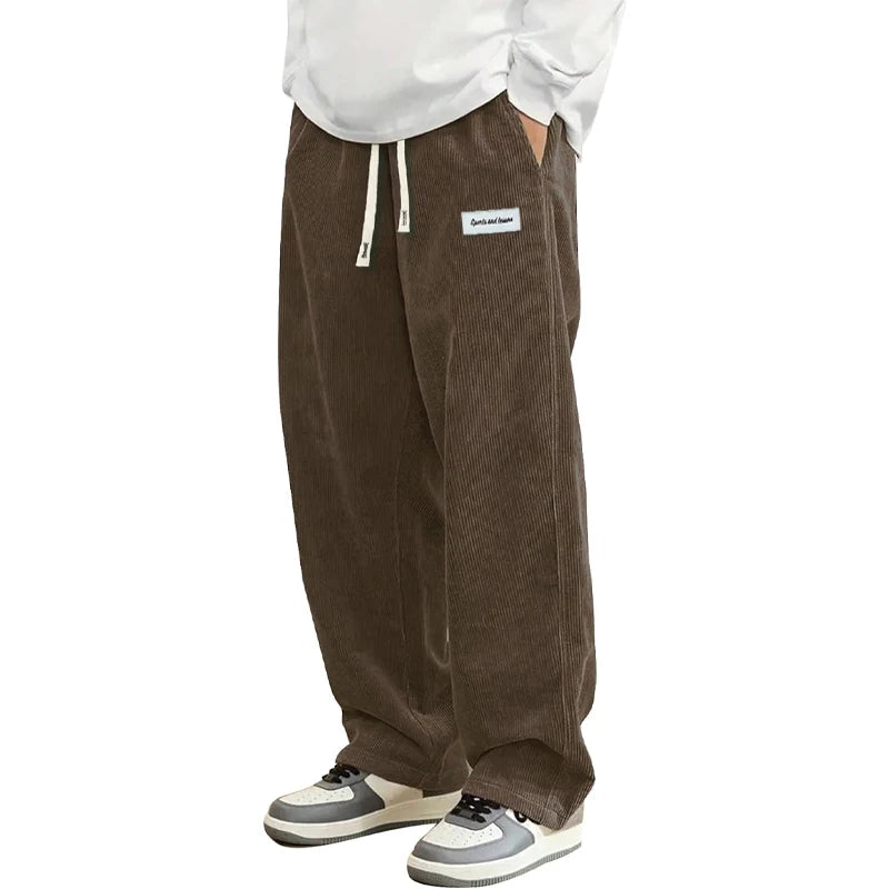 Autumn Mens Corduroy Casual Pants Fashion Loose Fit Pants Straight Sweatpants Elastic Waist Drawstring Outdoor Streetwear