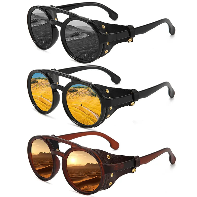 Retro Sunglasses Men Women Leather Round Glasses Vintage Goggles Anti Wind Outdoors Sports Sun Glasses UV400