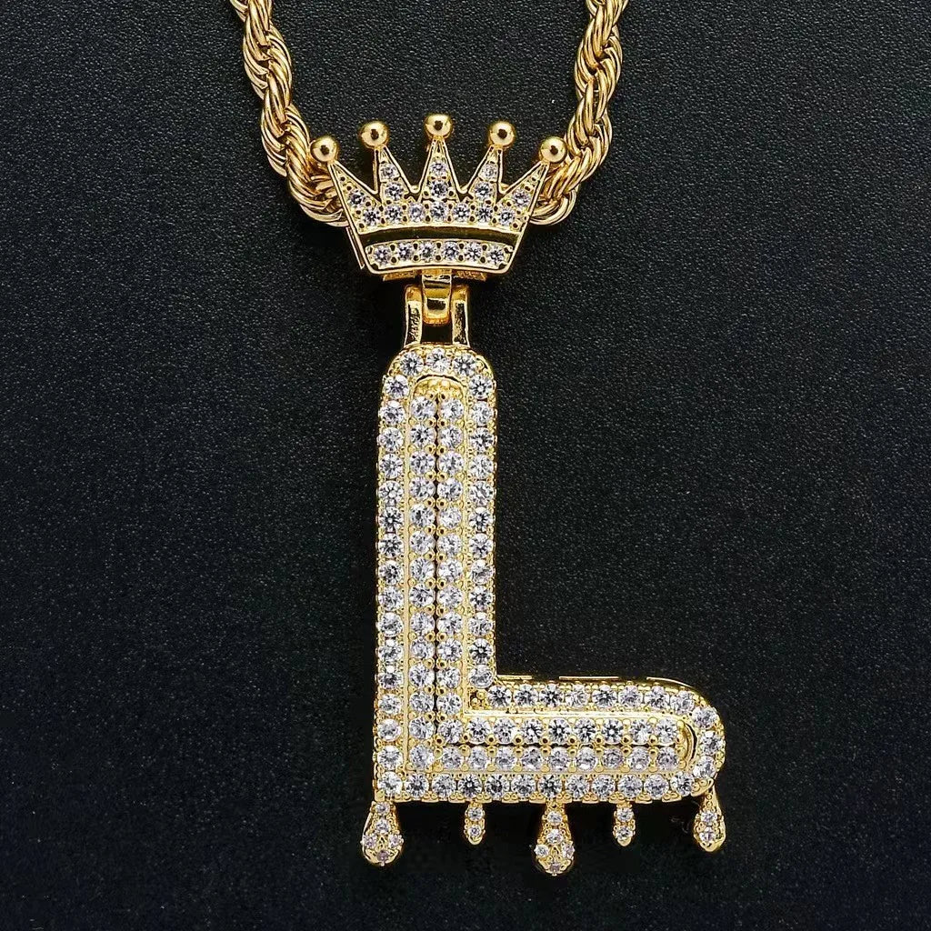 Hip Hop Iced Out Bling Cubic A-Z Drip Crown Zircon Initial Letters Necklaces Pendant Necklace Chain Men Jewelry with Rope Chain