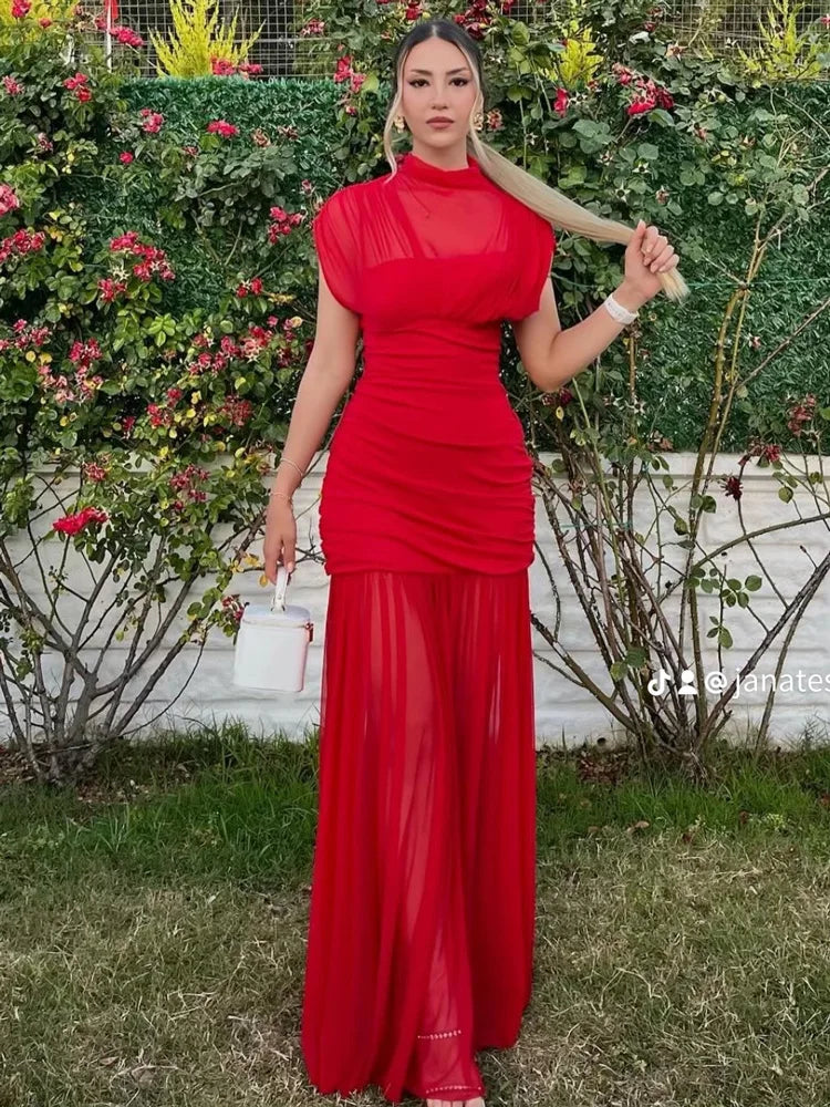 Tossy Black Mesh Fashion Maxi Dress For Women Sleeveless See-Through Patchwork Pleated Party Dress Female Autumn Long Dress 2025